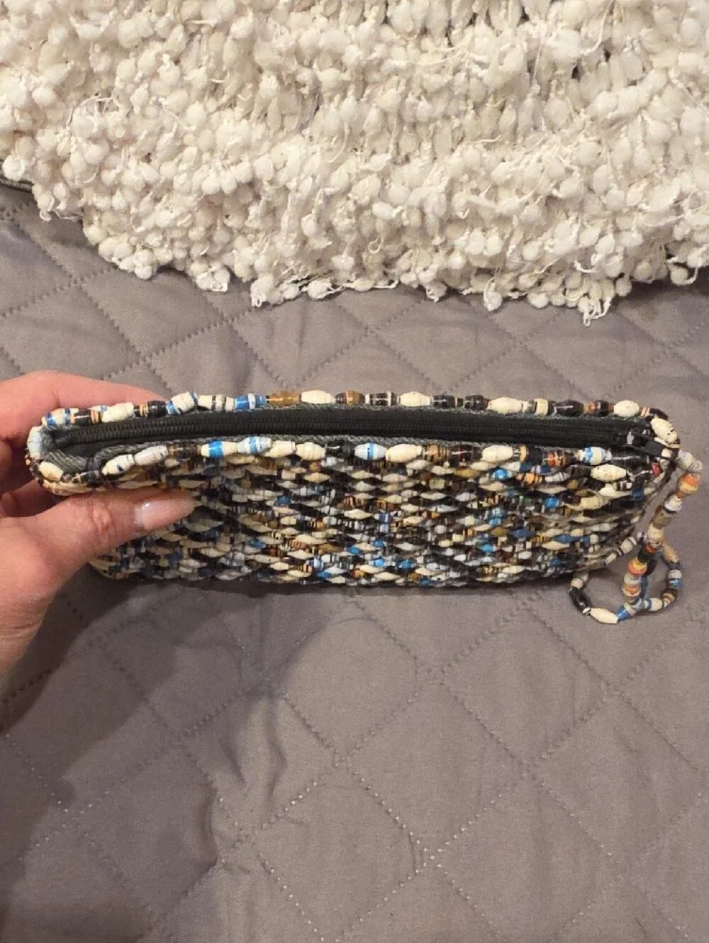 Handmade Paper Beaded Wristlet Clutch in Neutral, Brown & Blue - Picture 9 of 15